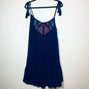 Navy blue summer beachy dress with tassel tie shoulder straps neon embroidery M